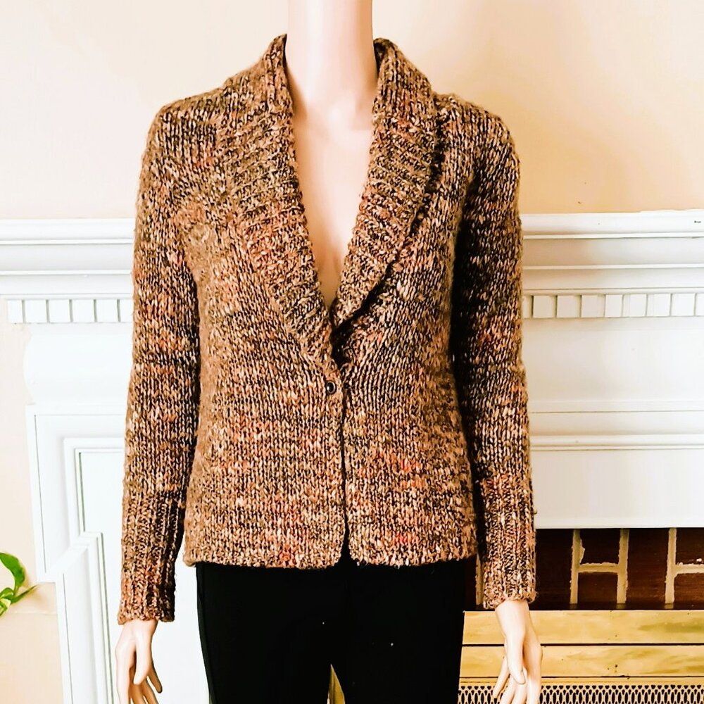 Talbots Shawl Neck Cardigan Sweater S Brown Speckled Chunky Knit Stretch